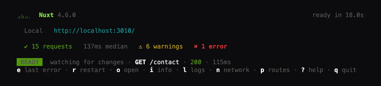 La nouvelle interface de nuxt dev (Nuxt CLI v4) sur ce projet : serveur prêt, nombre de requêtes, temps médian, avertissements et raccourcis clavier